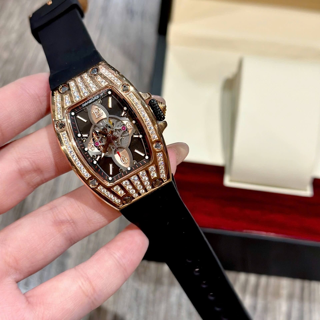 Đồng Hồ Nữ Hanboro Chính Hãng Dây Cao Su Đen Vỏ Rose Size 36mm Viền Đá Quartz