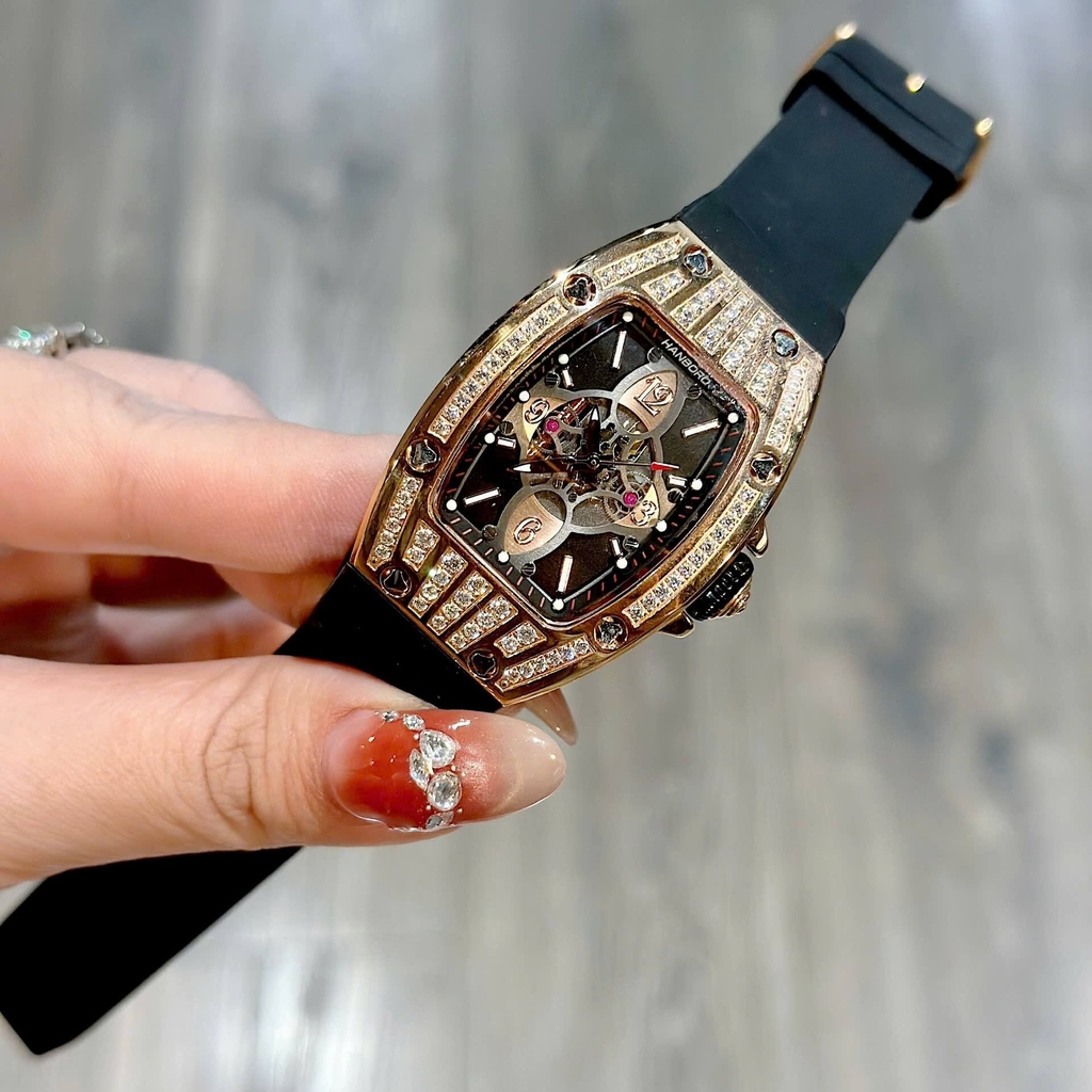 Đồng Hồ Nữ Hanboro Chính Hãng Dây Cao Su Đen Vỏ Rose Size 36mm Viền Đá Quartz