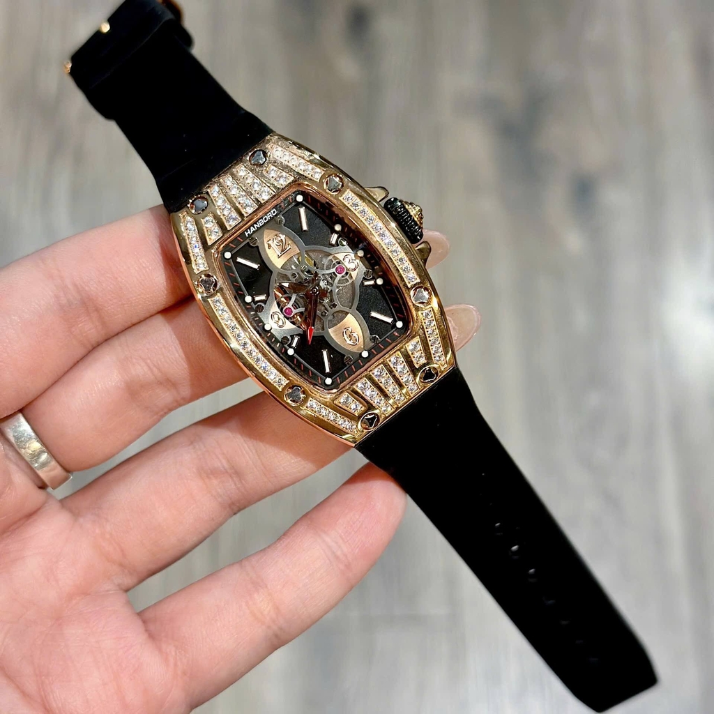 Đồng Hồ Nữ Hanboro Chính Hãng Dây Cao Su Đen Vỏ Rose Size 36mm Viền Đá Quartz