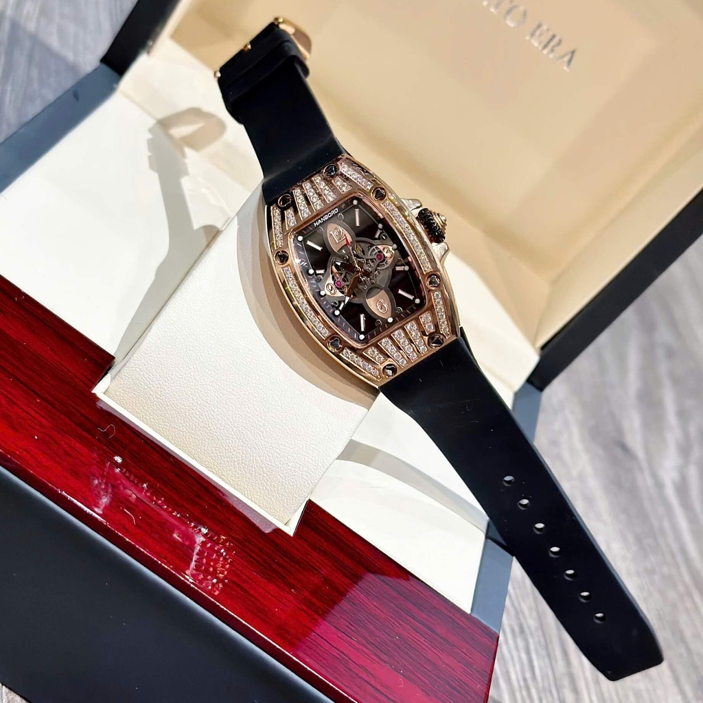 Đồng Hồ Nữ Hanboro Chính Hãng Dây Cao Su Đen Vỏ Rose Size 36mm Viền Đá Quartz