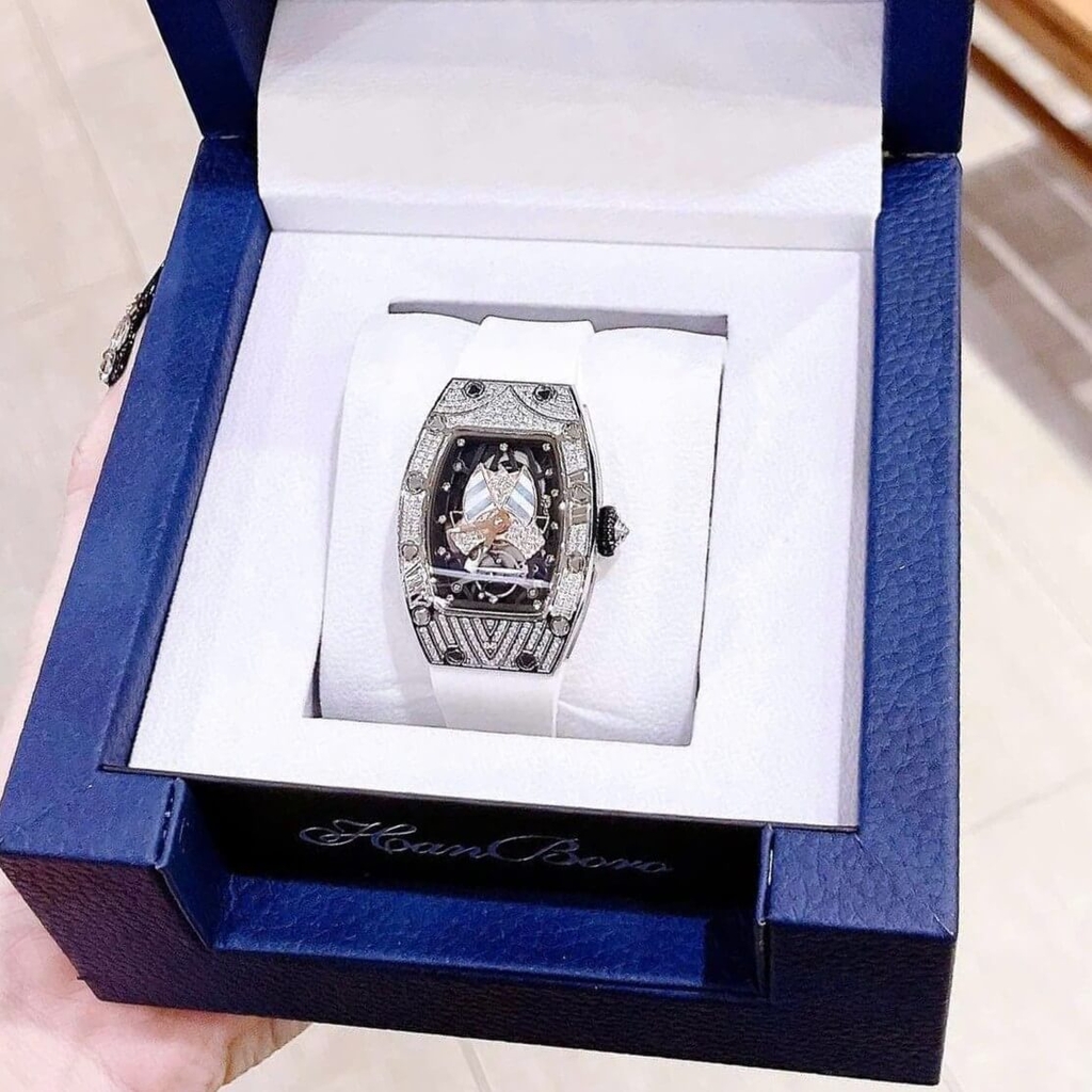 Đồng Hồ Nữ Hanboro Dây Cao Su Trắng Chính Hãng Đính Đá Silver Size 31x44mm Quartz
