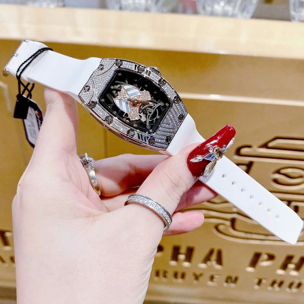 Đồng Hồ Nữ Hanboro Dây Cao Su Trắng Chính Hãng Đính Đá Silver Size 31x44mm Quartz