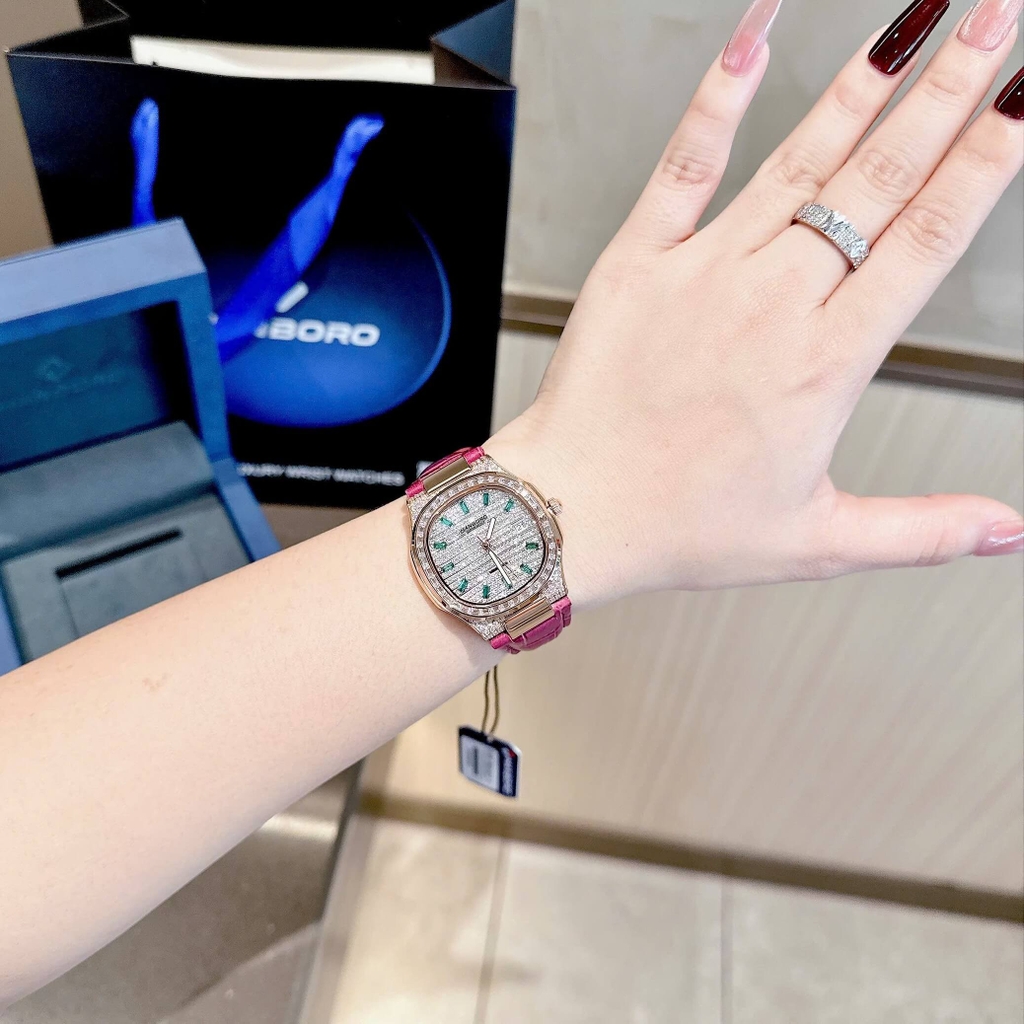 Đồng Hồ Nữ Hanboro Dây Da Tím Mặt Đính Đá Rose Size 36mm Quartz Japan Chính Hãng