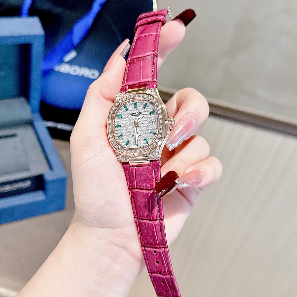 Đồng Hồ Nữ Hanboro Dây Da Tím Mặt Đính Đá Rose Size 36mm Quartz Japan Chính Hãng