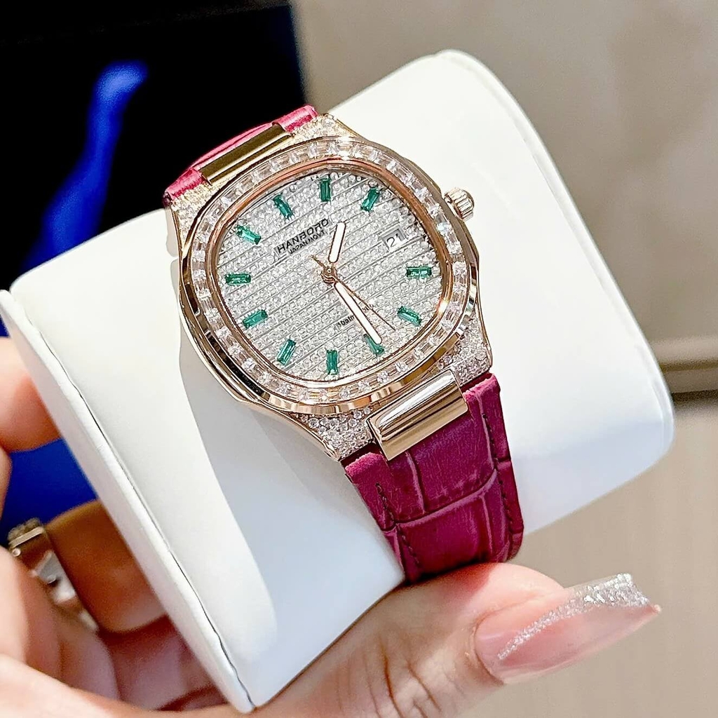 Đồng Hồ Nữ Hanboro Dây Da Tím Mặt Đính Đá Rose Size 36mm Quartz Japan Chính Hãng