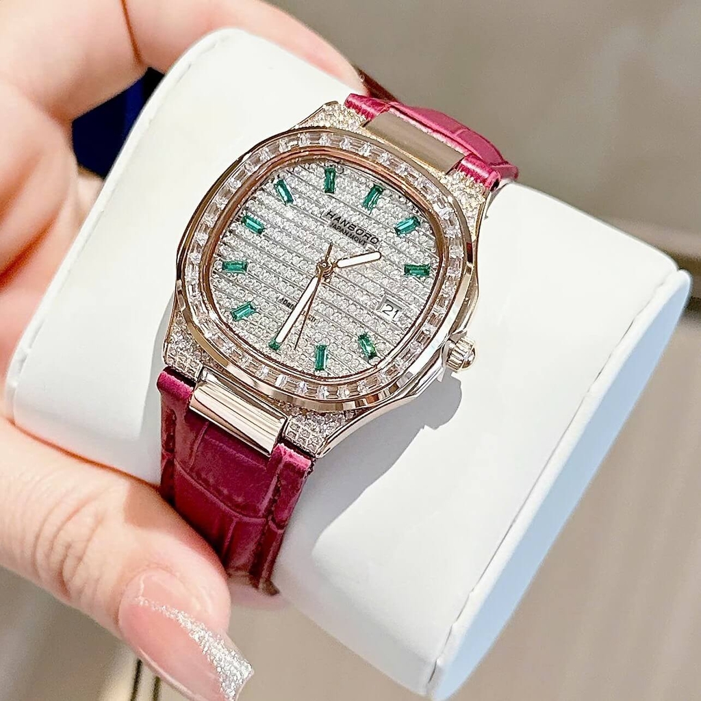 Đồng Hồ Nữ Hanboro Dây Da Tím Mặt Đính Đá Rose Size 36mm Quartz Japan Chính Hãng
