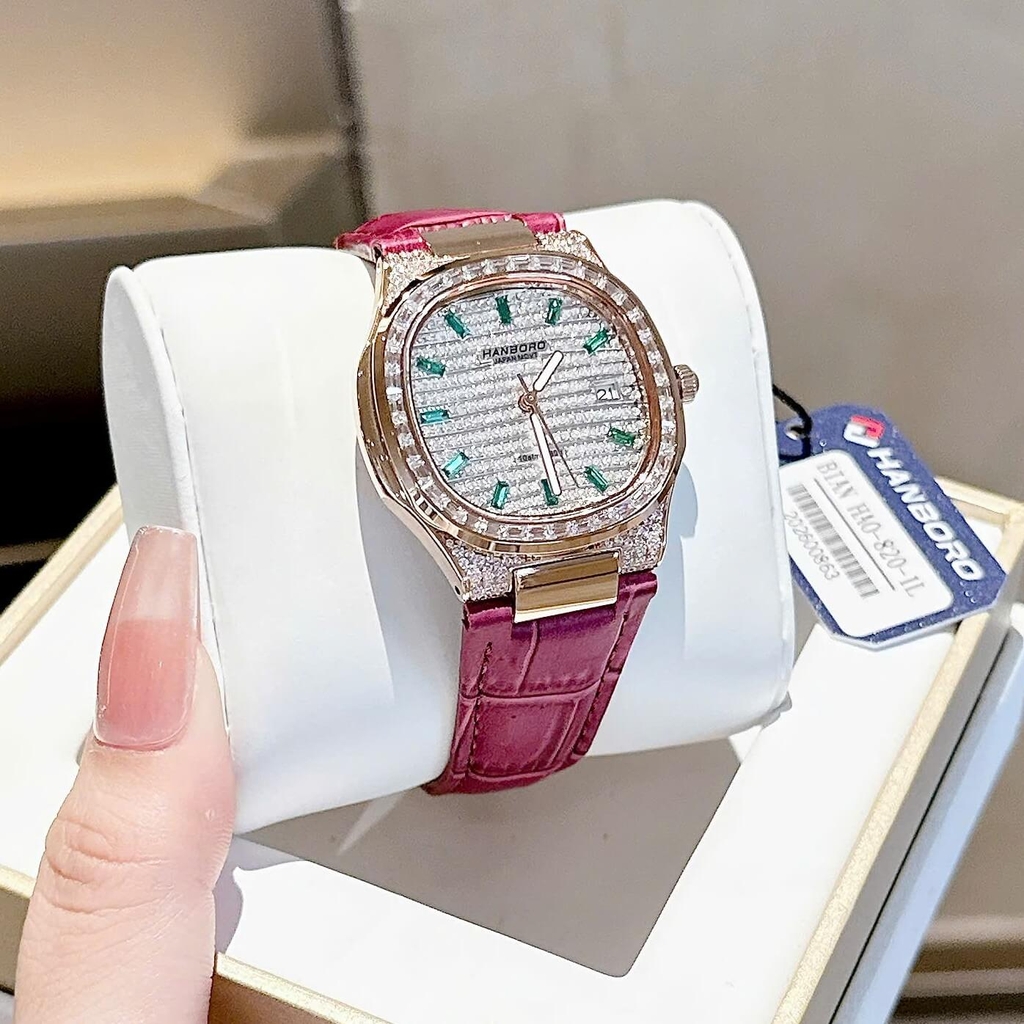 Đồng Hồ Nữ Hanboro Dây Da Tím Mặt Đính Đá Rose Size 36mm Quartz Japan Chính Hãng