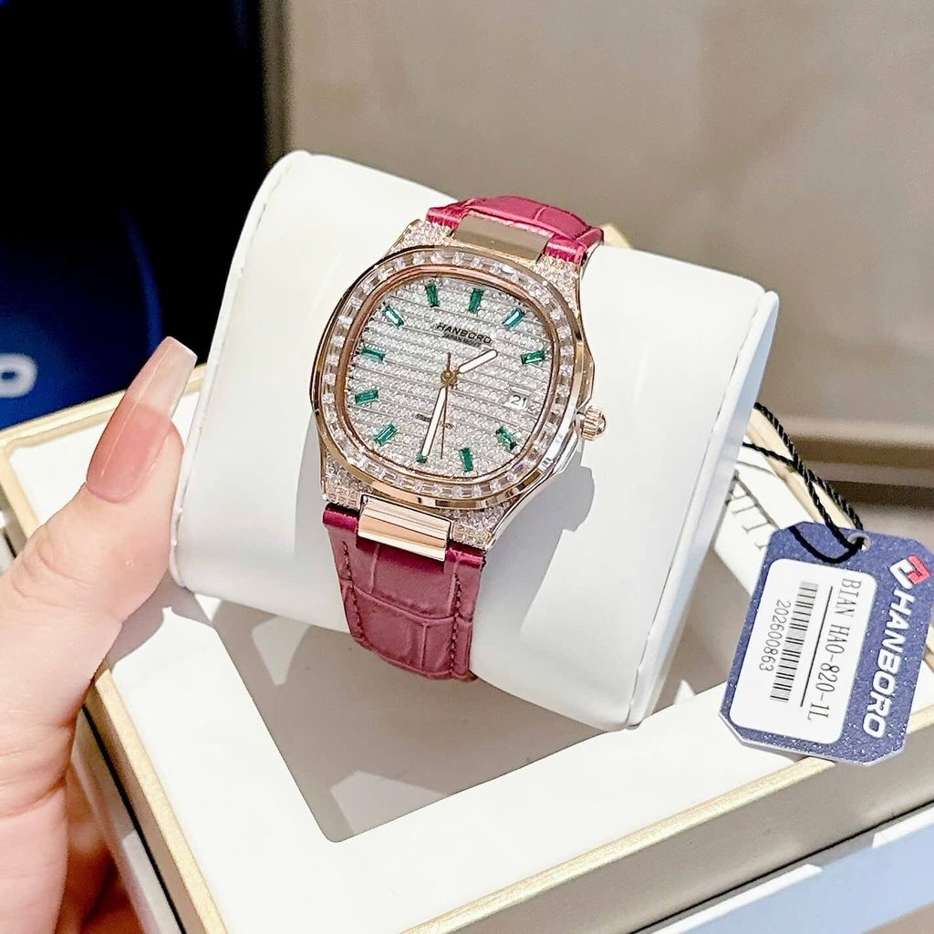 Đồng Hồ Nữ Hanboro Dây Da Tím Mặt Đính Đá Rose Size 36mm Quartz Japan Chính Hãng