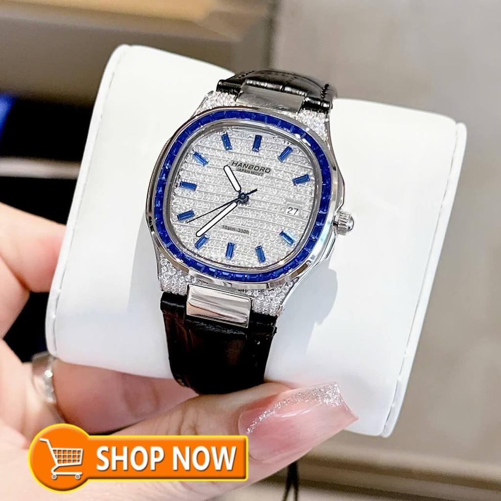 Đồng Hồ Nữ Hanboro Dây Da Tím Mặt Đính Đá Tím Size 36mm Quartz Japan Chính Hãng