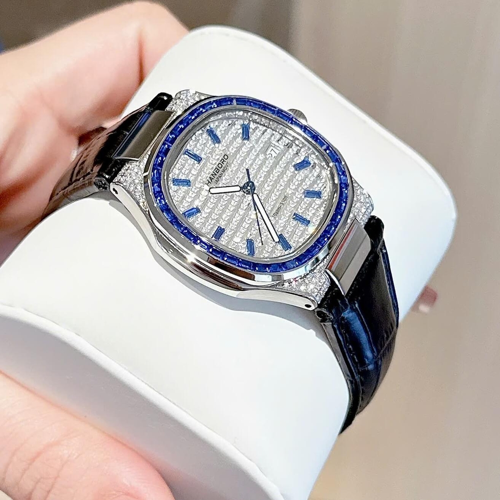 Đồng Hồ Nữ Hanboro Dây Da Tím Mặt Đính Đá Tím Size 36mm Quartz Japan Chính Hãng