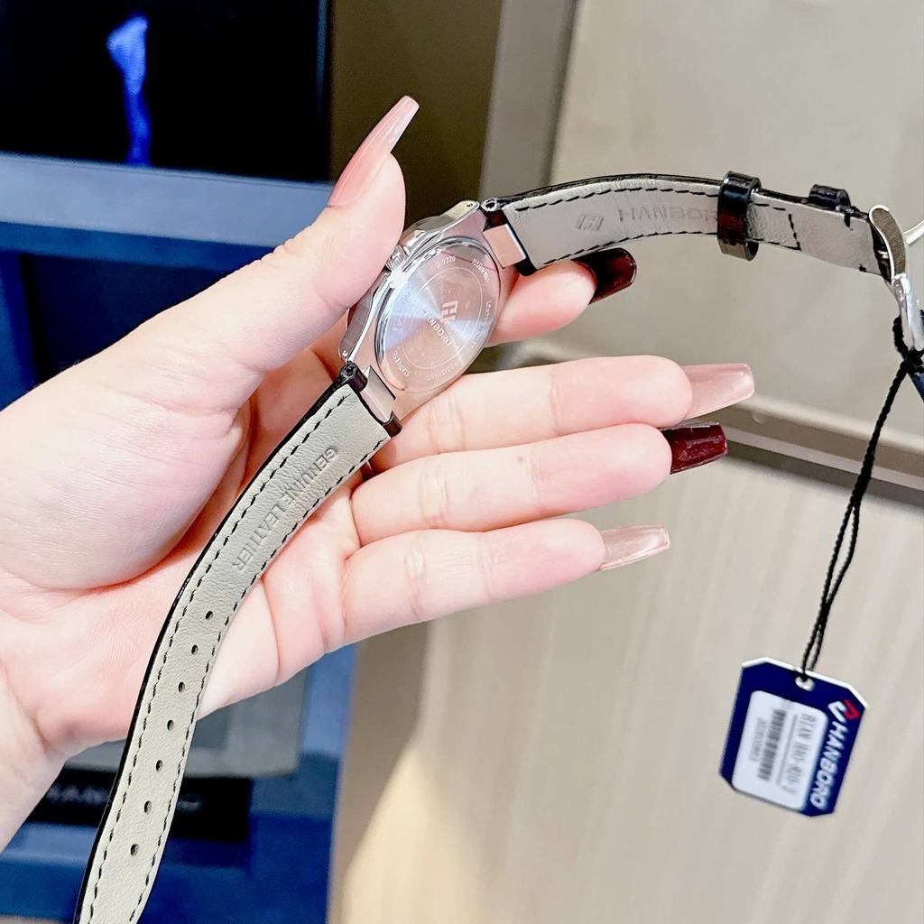 Đồng Hồ Nữ Hanboro Dây Da Tím Mặt Đính Đá Tím Size 36mm Quartz Japan Chính Hãng