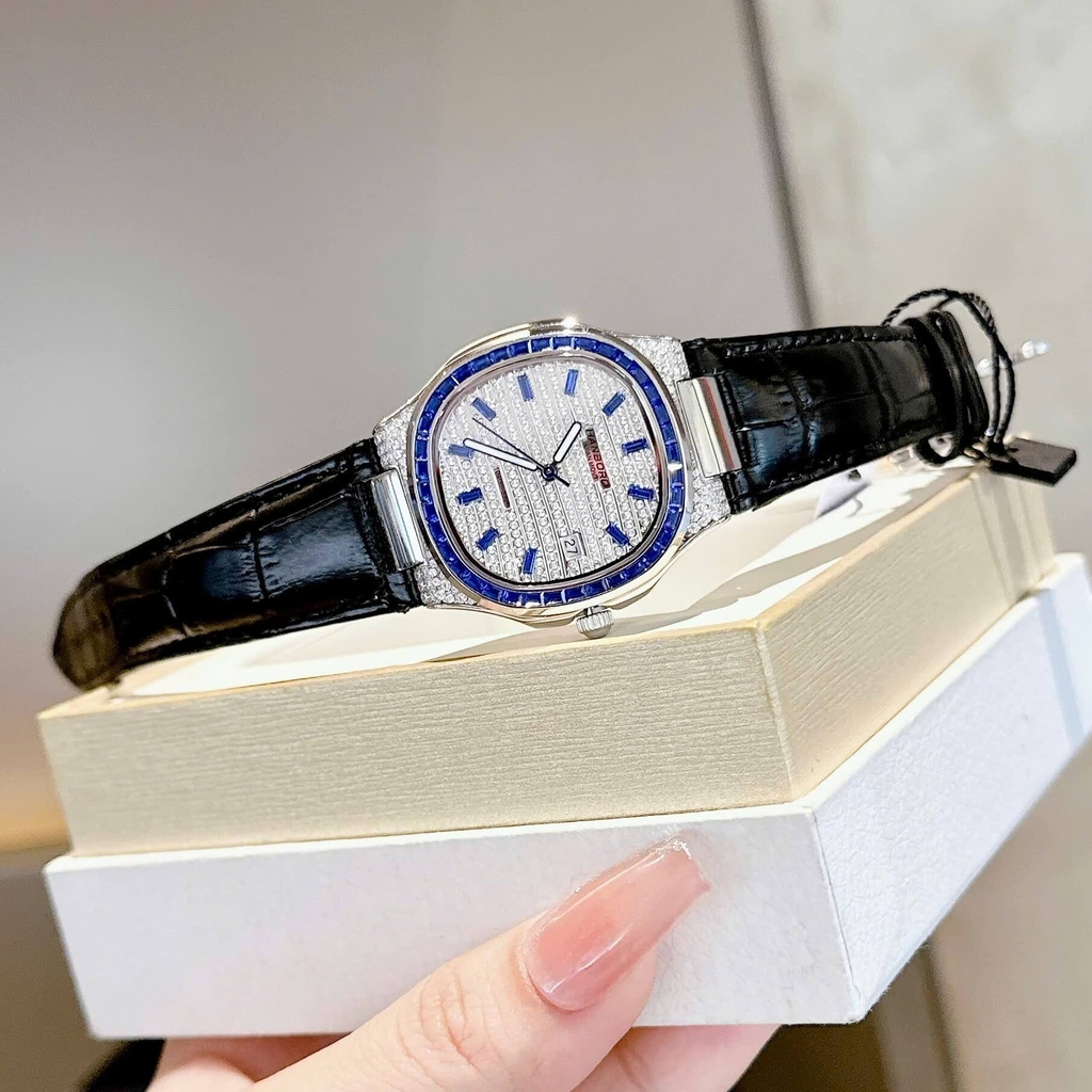 Đồng Hồ Nữ Hanboro Dây Da Tím Mặt Đính Đá Tím Size 36mm Quartz Japan Chính Hãng
