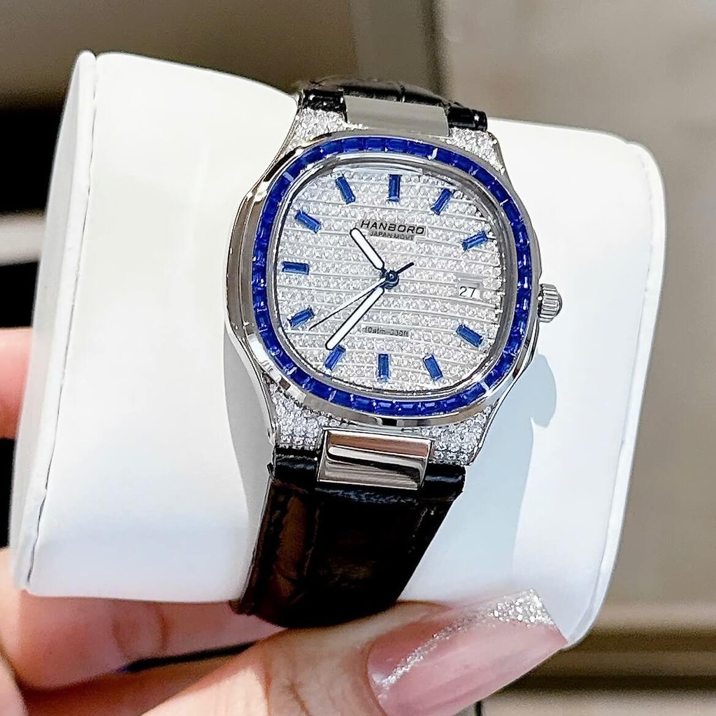 Đồng Hồ Nữ Hanboro Dây Da Tím Mặt Đính Đá Tím Size 36mm Quartz Japan Chính Hãng
