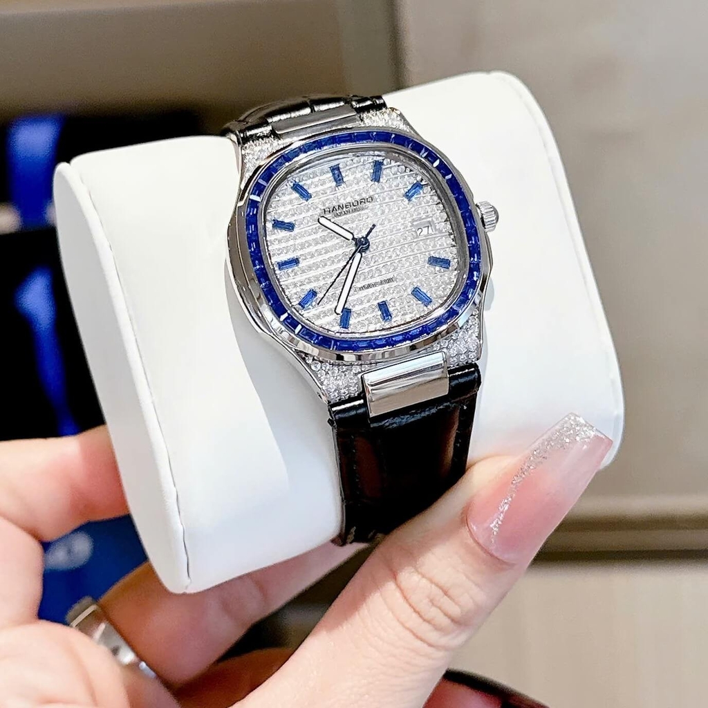 Đồng Hồ Nữ Hanboro Dây Da Tím Mặt Đính Đá Tím Size 36mm Quartz Japan Chính Hãng