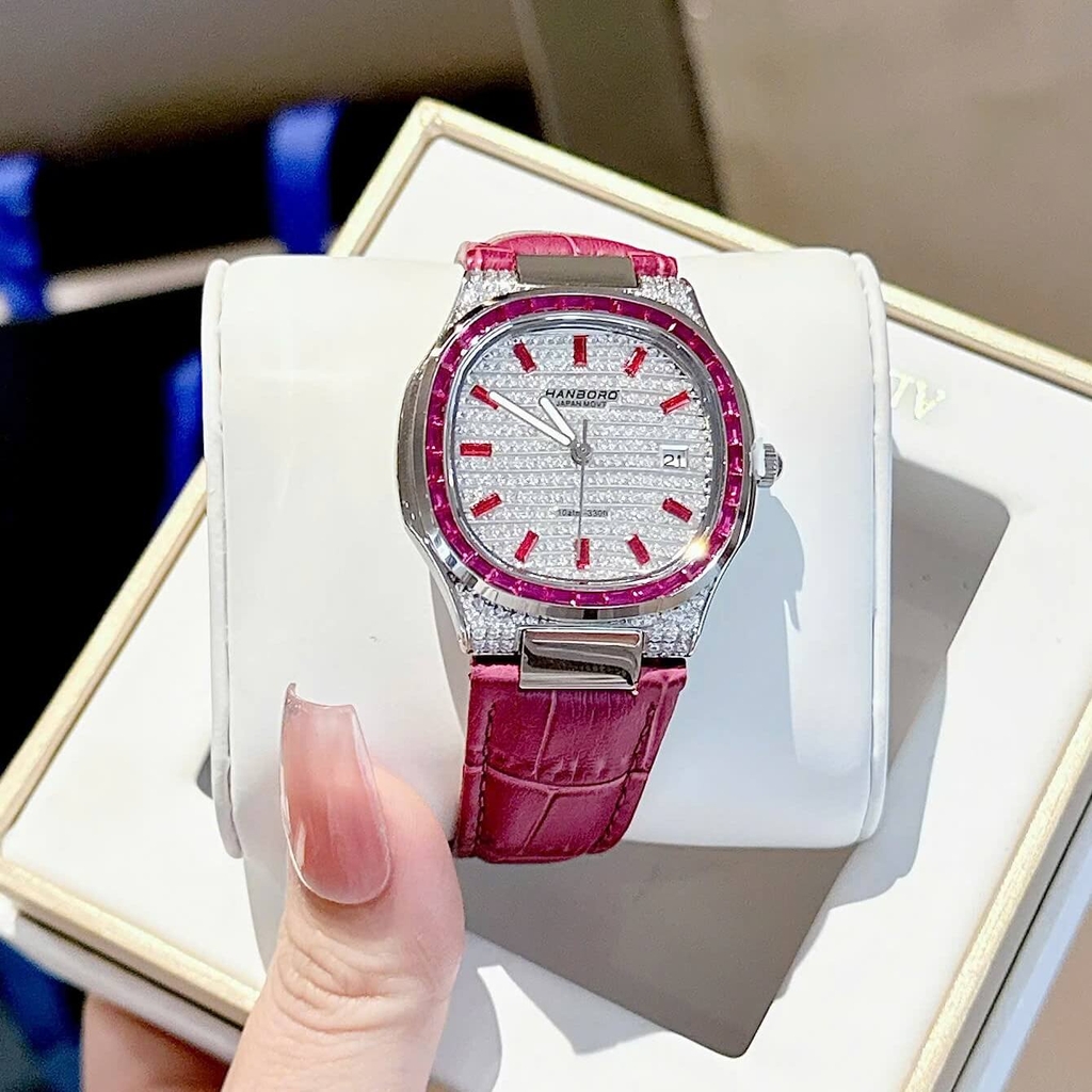 Đồng Hồ Nữ Hanboro Dây Da Tím Mặt Đính Đá Tím Size 36mm Quartz Japan Chính Hãng
