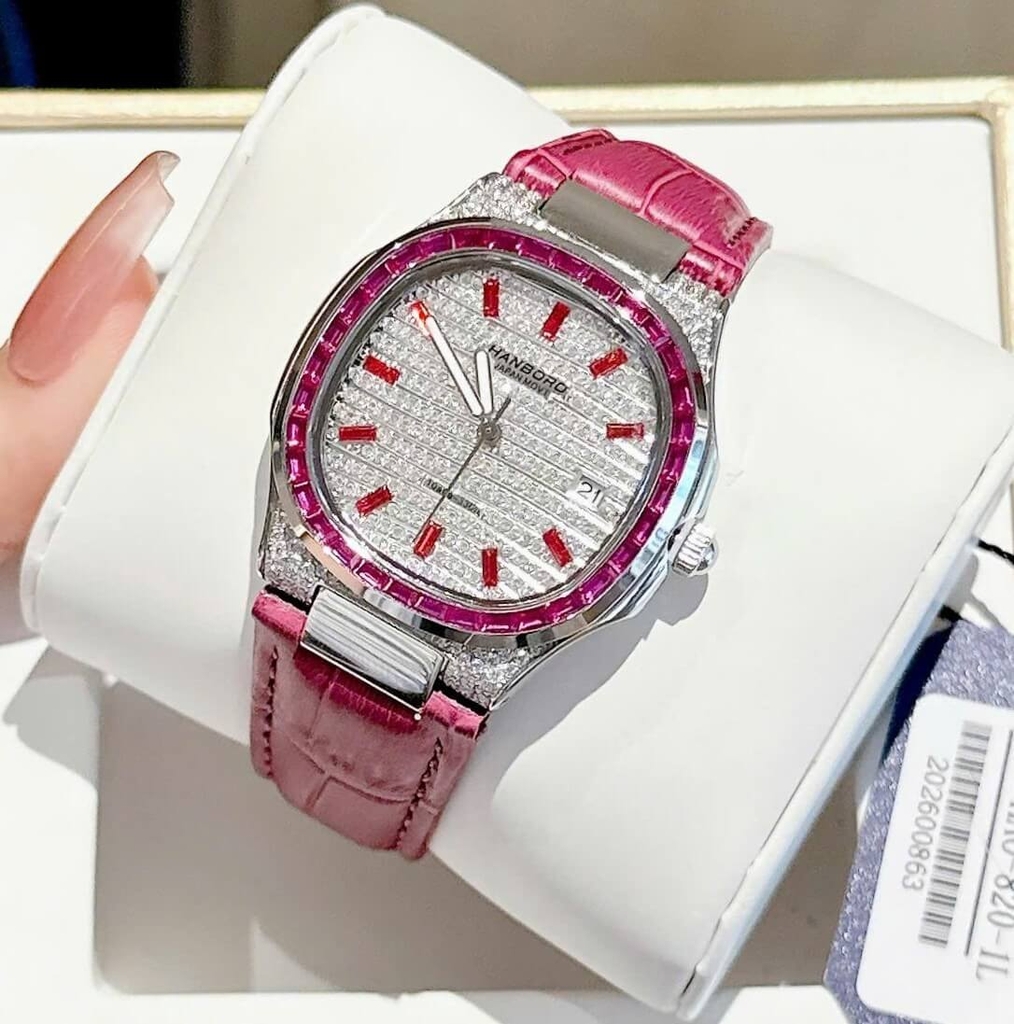 Đồng Hồ Nữ Hanboro Dây Da Tím Mặt Đính Đá Tím Size 36mm Quartz Japan Chính Hãng
