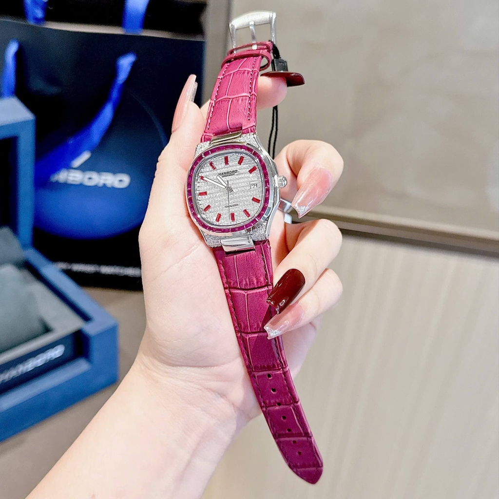 Đồng Hồ Nữ Hanboro Dây Da Tím Mặt Đính Đá Tím Size 36mm Quartz Japan Chính Hãng