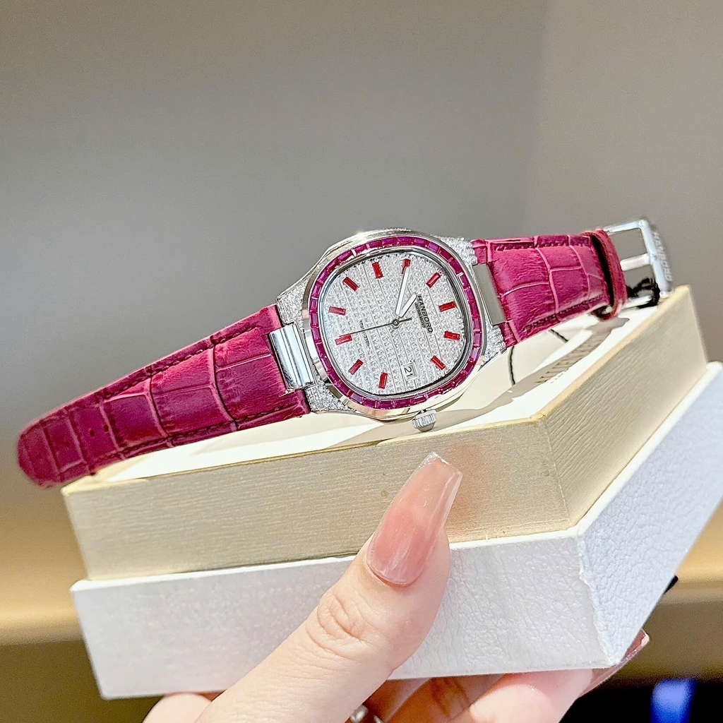 Đồng Hồ Nữ Hanboro Dây Da Tím Mặt Đính Đá Tím Size 36mm Quartz Japan Chính Hãng