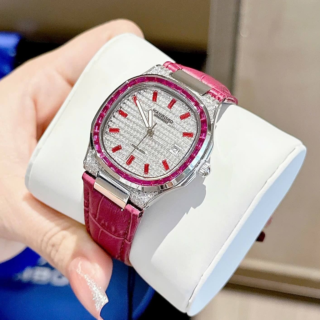 Đồng Hồ Nữ Hanboro Dây Da Tím Mặt Đính Đá Tím Size 36mm Quartz Japan Chính Hãng