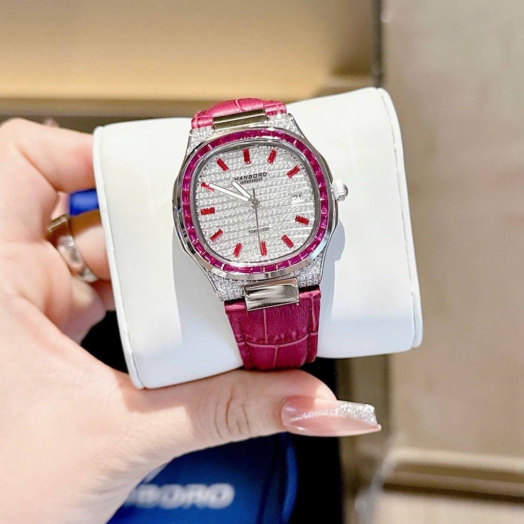 Đồng Hồ Nữ Hanboro Dây Da Tím Mặt Đính Đá Tím Size 36mm Quartz Japan Chính Hãng