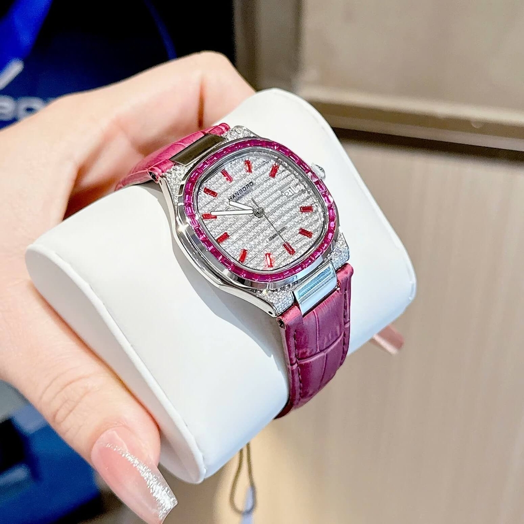 Đồng Hồ Nữ Hanboro Dây Da Tím Mặt Đính Đá Tím Size 36mm Quartz Japan Chính Hãng