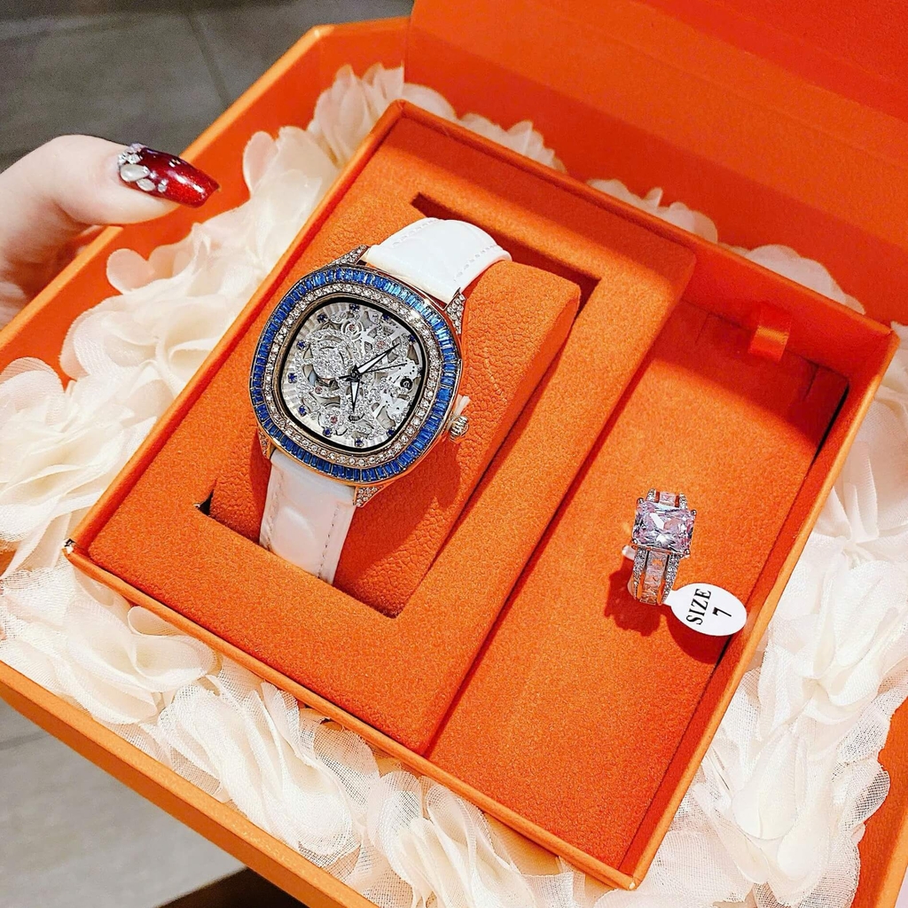 Đồng Hồ Nữ Hanboro Dây Da Trắng Chính Hãng Giả Cơ Lộ Máy Vỏ Rose Gold Size 34mm Viền Xanh Quartz Japan