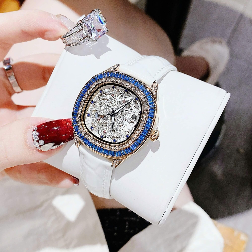 Đồng Hồ Nữ Hanboro Dây Da Trắng Chính Hãng Giả Cơ Lộ Máy Vỏ Rose Gold Size 34mm Viền Xanh Quartz Japan