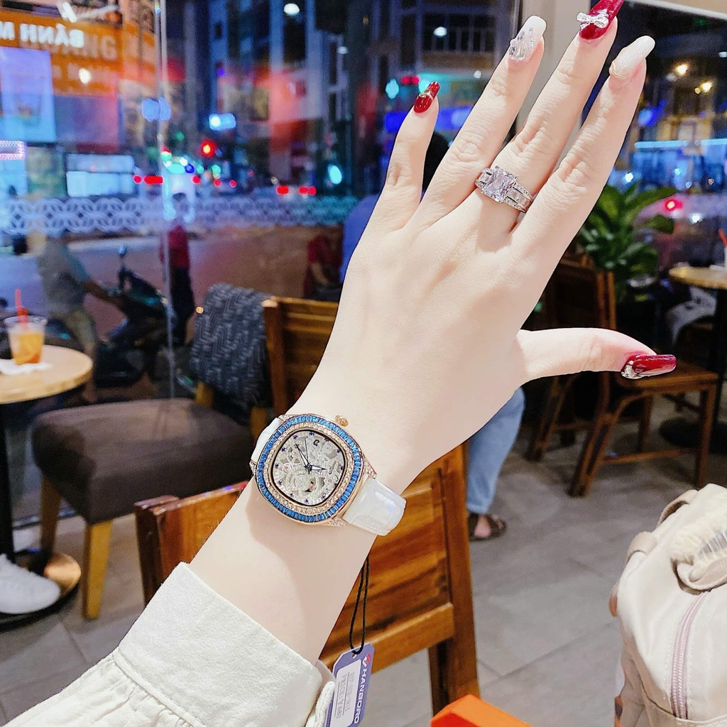 Đồng Hồ Nữ Hanboro Dây Da Trắng Chính Hãng Giả Cơ Lộ Máy Vỏ Rose Gold Size 34mm Viền Xanh Quartz Japan
