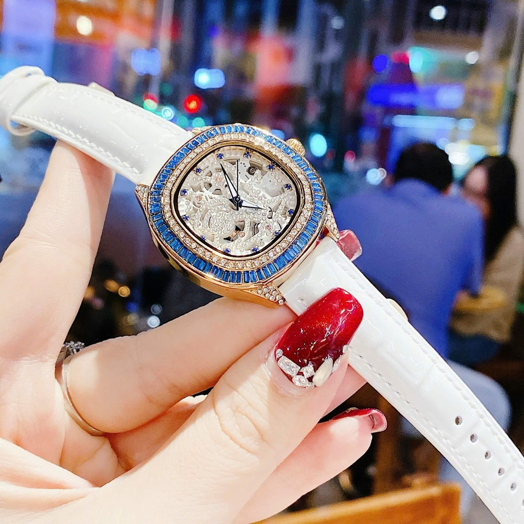 Đồng Hồ Nữ Hanboro Dây Da Trắng Chính Hãng Giả Cơ Lộ Máy Vỏ Rose Gold Size 34mm Viền Xanh Quartz Japan