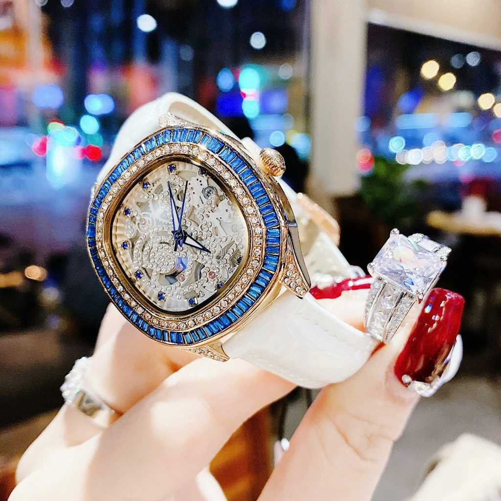Đồng Hồ Nữ Hanboro Dây Da Trắng Chính Hãng Giả Cơ Lộ Máy Vỏ Rose Gold Size 34mm Viền Xanh Quartz Japan