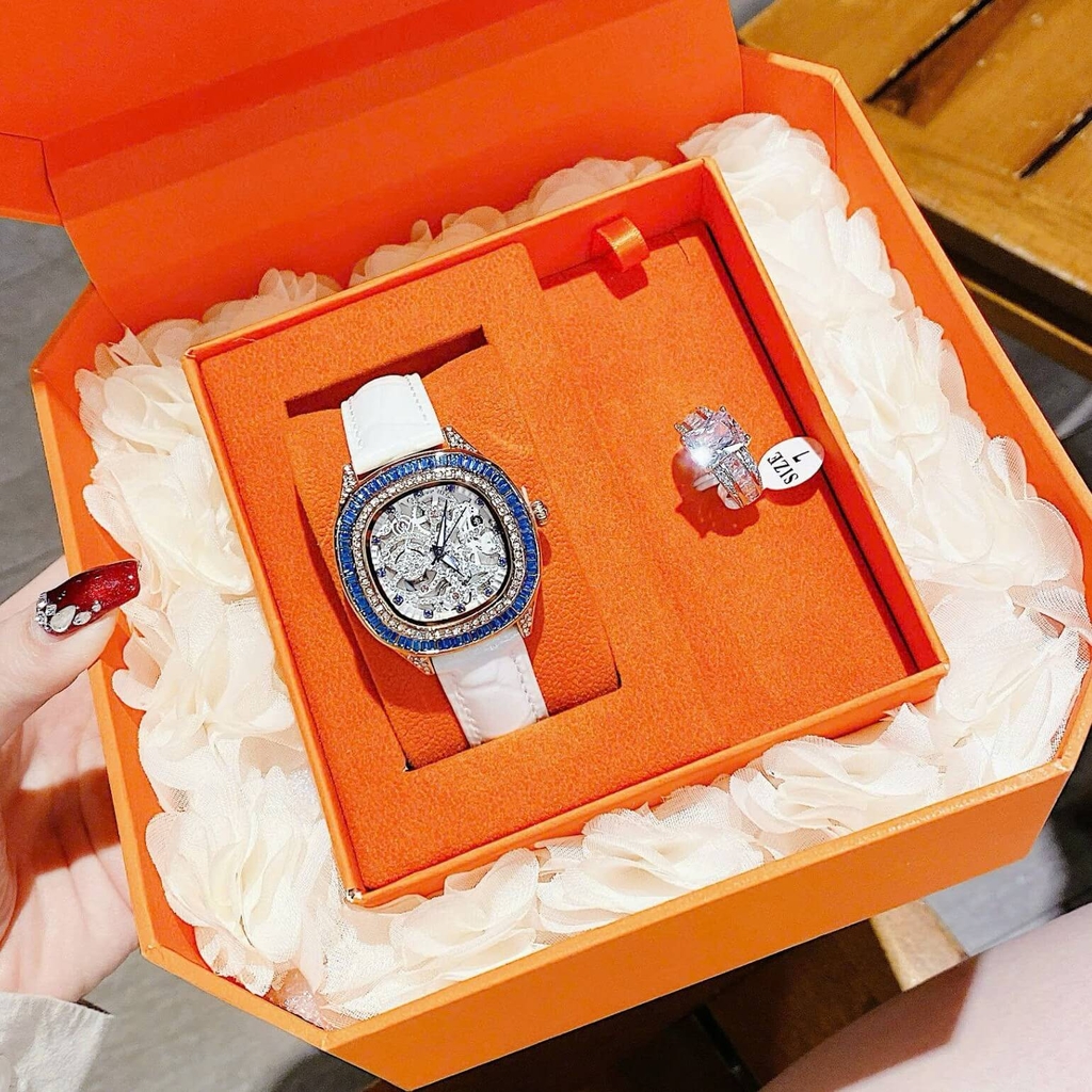 Đồng Hồ Nữ Hanboro Dây Da Trắng Chính Hãng Giả Cơ Lộ Máy Vỏ Rose Gold Size 34mm Viền Xanh Quartz Japan