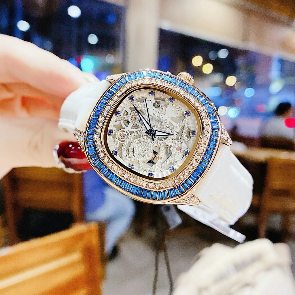 Đồng Hồ Nữ Hanboro Dây Da Trắng Chính Hãng Giả Cơ Lộ Máy Vỏ Rose Gold Size 34mm Viền Xanh Quartz Japan