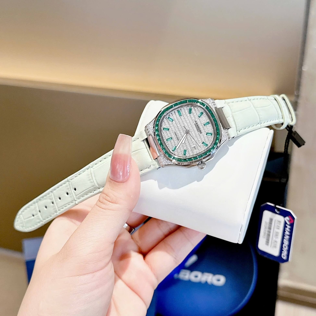 Đồng Hồ Nữ Hanboro Dây Da Xanh Mint Mặt Đính Đá Xanh Size 36mm Quartz Japan Chính Hãng