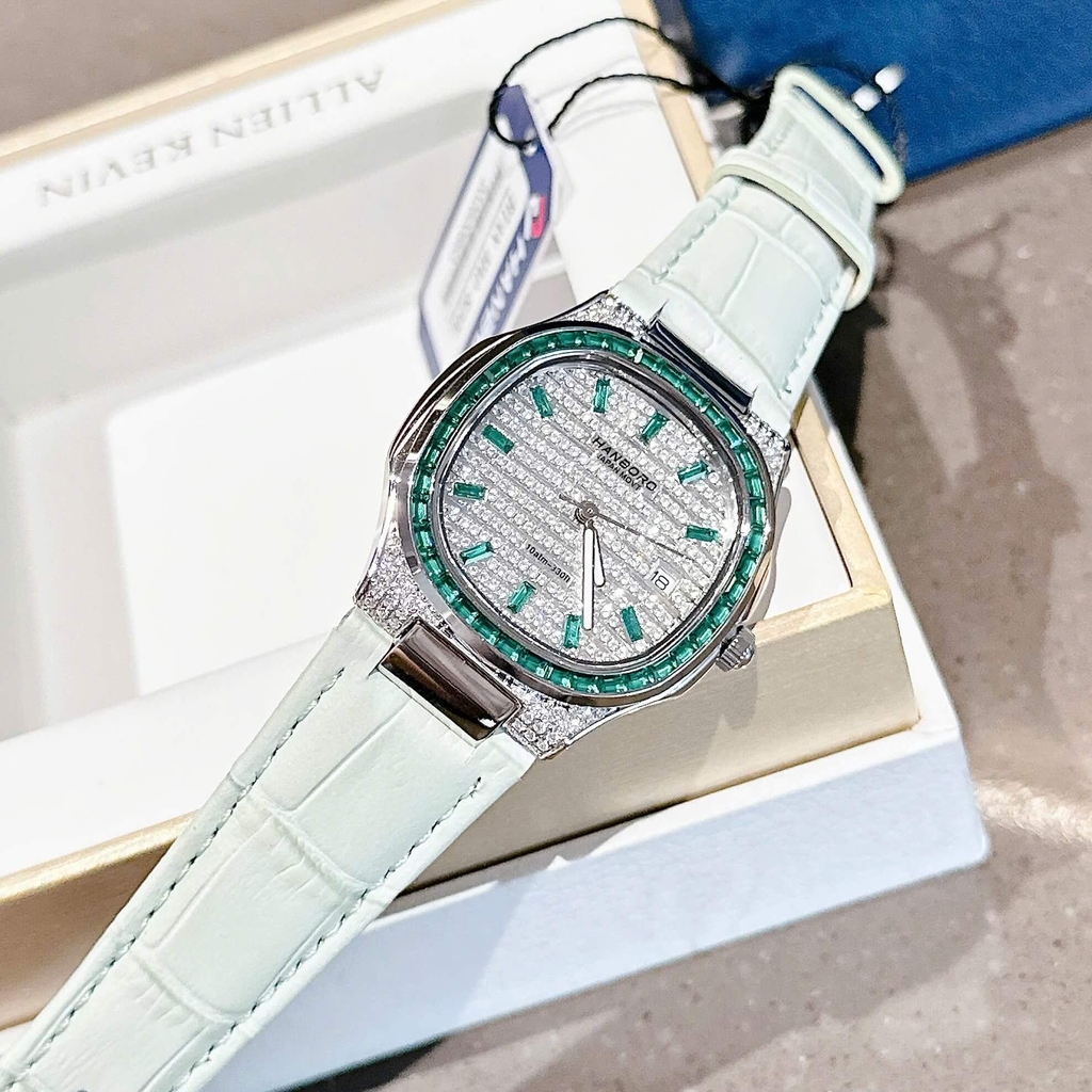 Đồng Hồ Nữ Hanboro Dây Da Xanh Mint Mặt Đính Đá Xanh Size 36mm Quartz Japan Chính Hãng
