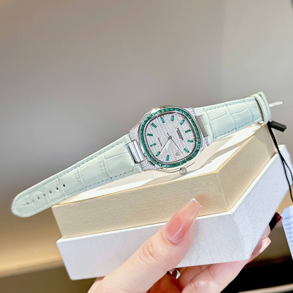 Đồng Hồ Nữ Hanboro Dây Da Xanh Mint Mặt Đính Đá Xanh Size 36mm Quartz Japan Chính Hãng