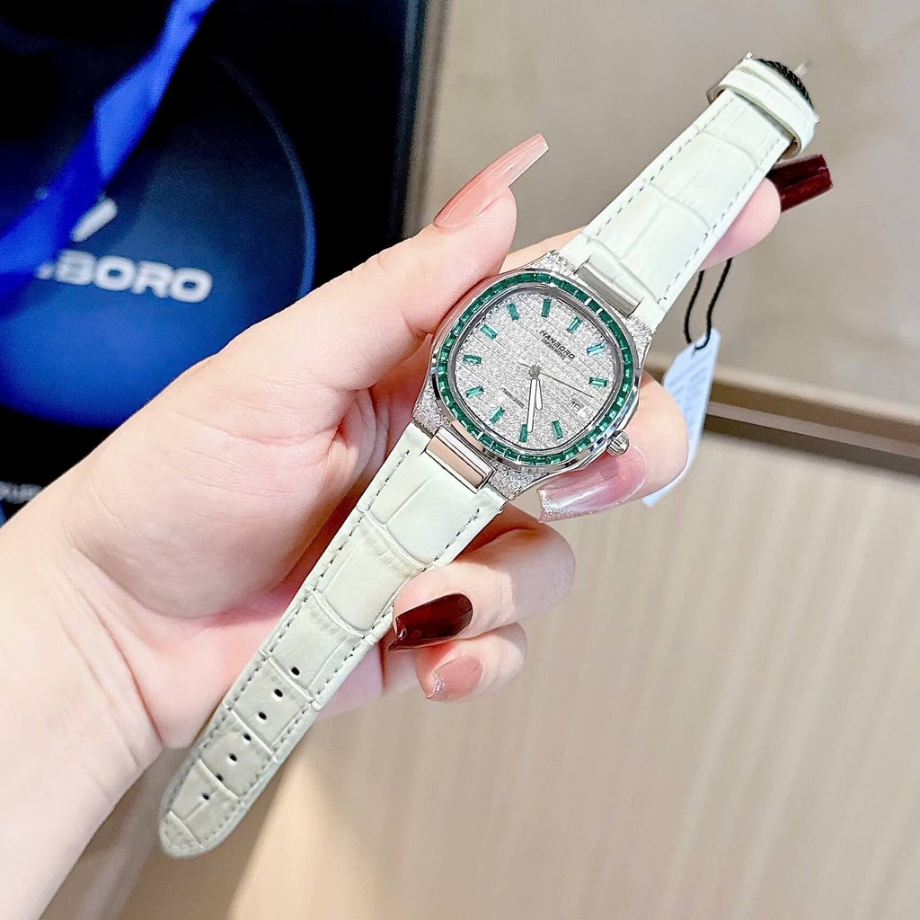 Đồng Hồ Nữ Hanboro Dây Da Xanh Mint Mặt Đính Đá Xanh Size 36mm Quartz Japan Chính Hãng