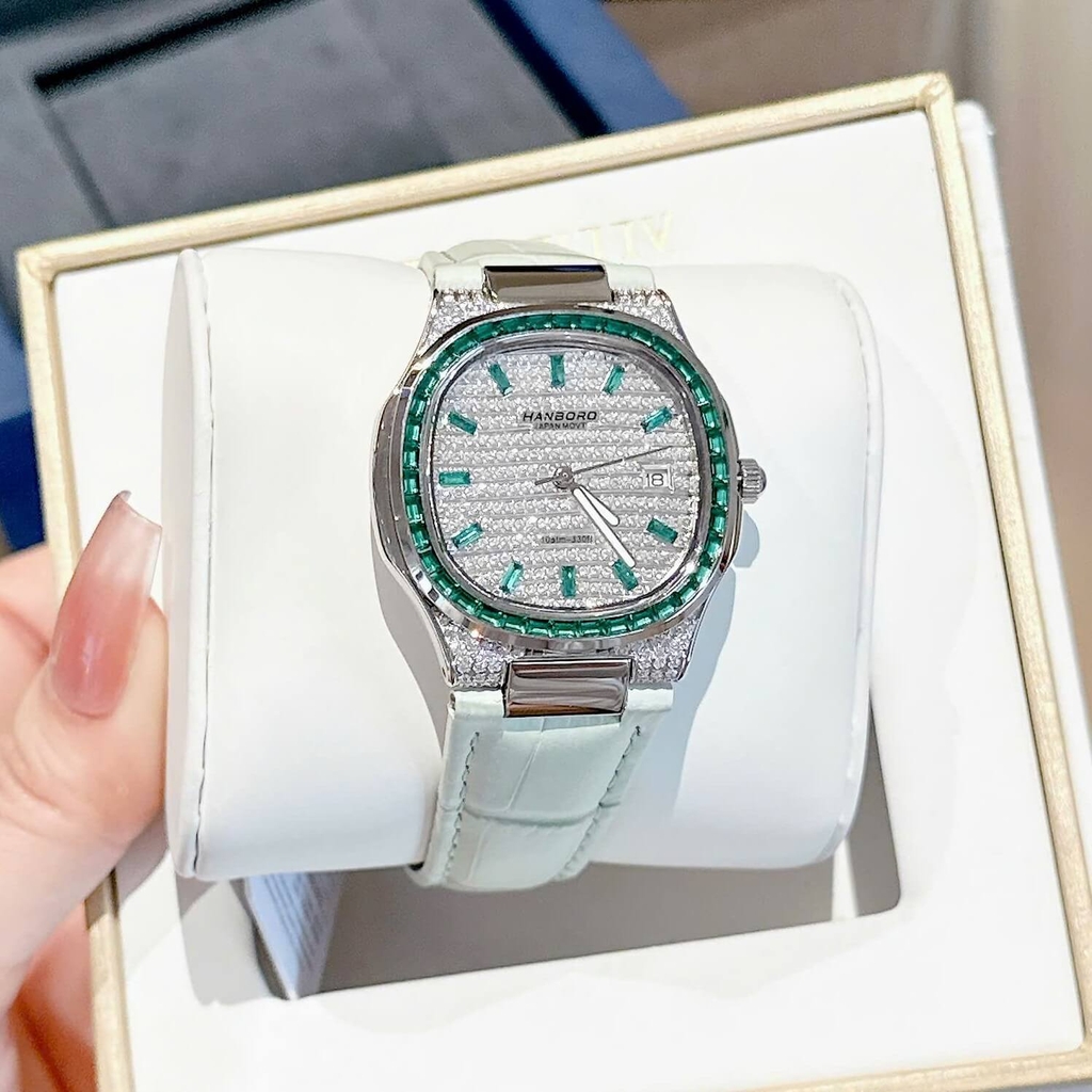 Đồng Hồ Nữ Hanboro Dây Da Xanh Mint Mặt Đính Đá Xanh Size 36mm Quartz Japan Chính Hãng
