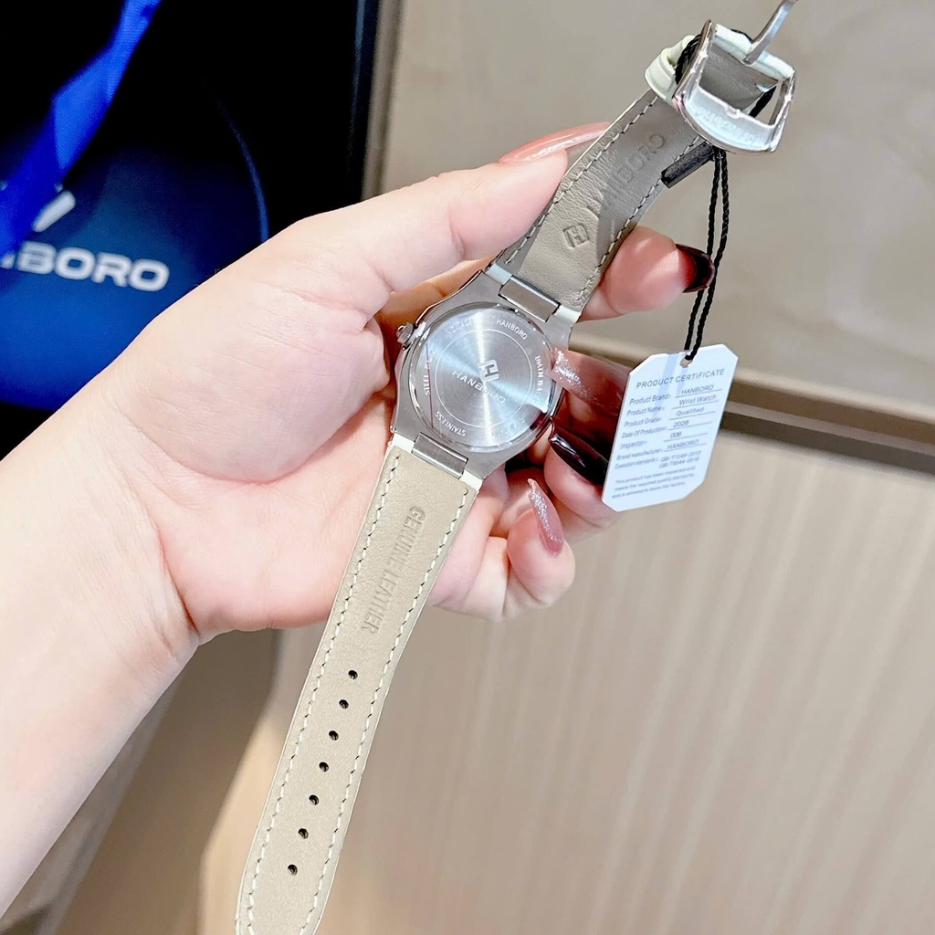 Đồng Hồ Nữ Hanboro Dây Da Xanh Mint Mặt Đính Đá Xanh Size 36mm Quartz Japan Chính Hãng