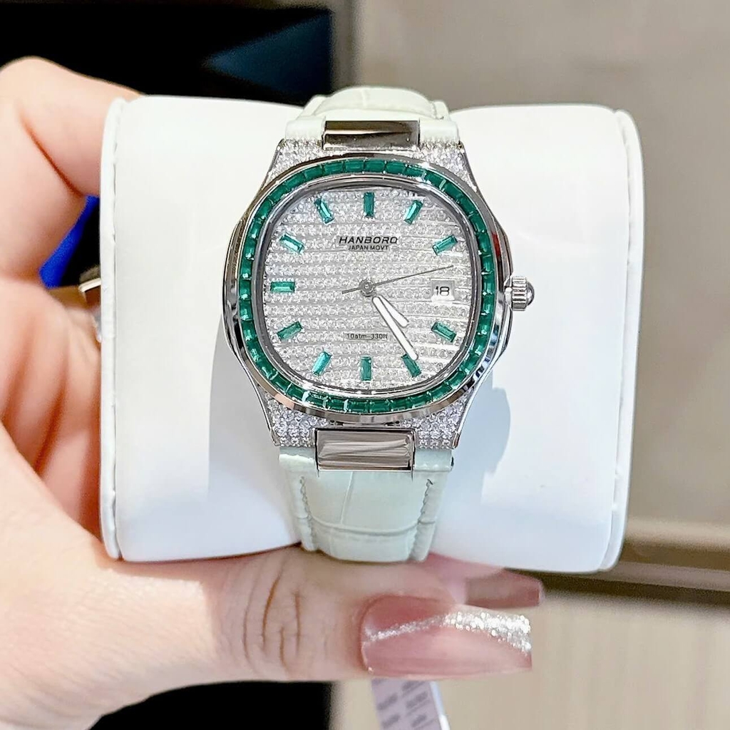 Đồng Hồ Nữ Hanboro Dây Da Xanh Mint Mặt Đính Đá Xanh Size 36mm Quartz Japan Chính Hãng
