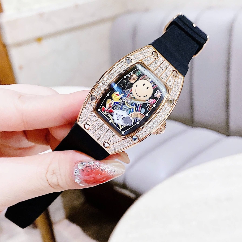 Đồng Hồ Nữ Hanboro Mặt Cười Dây Cao Su Đen Chính Hãng Đính Đá Rose Gold Mặt Size 36mm Quartz