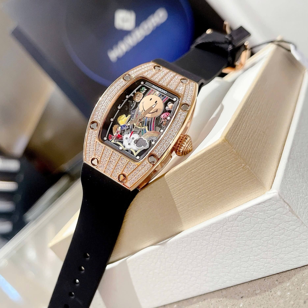 Đồng Hồ Nữ Hanboro Mặt Cười Dây Cao Su Đen Chính Hãng Đính Đá Rose Gold Mặt Size 36mm Quartz