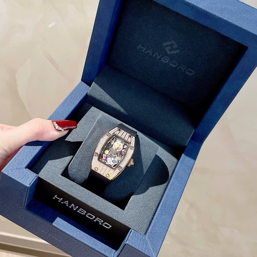 Đồng Hồ Nữ Hanboro Mặt Cười Dây Cao Su Đen Chính Hãng Đính Đá Rose Gold Mặt Size 36mm Quartz