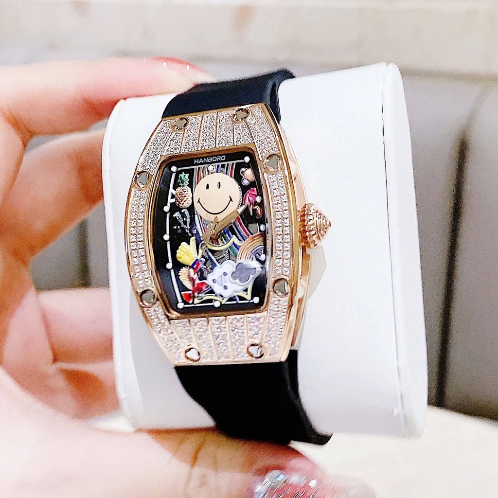 Đồng Hồ Nữ Hanboro Mặt Cười Dây Cao Su Đen Chính Hãng Đính Đá Rose Gold Mặt Size 36mm Quartz