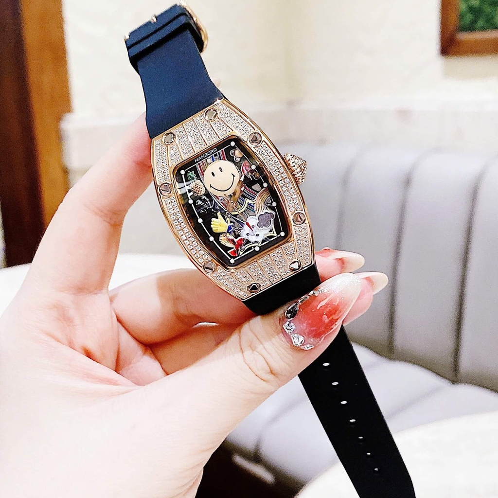 Đồng Hồ Nữ Hanboro Mặt Cười Dây Cao Su Đen Chính Hãng Đính Đá Rose Gold Mặt Size 36mm Quartz