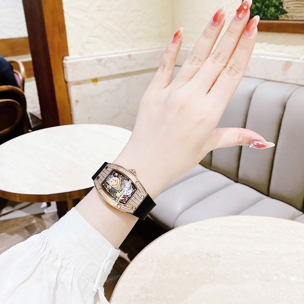 Đồng Hồ Nữ Hanboro Mặt Cười Dây Cao Su Đen Chính Hãng Đính Đá Rose Gold Mặt Size 36mm Quartz