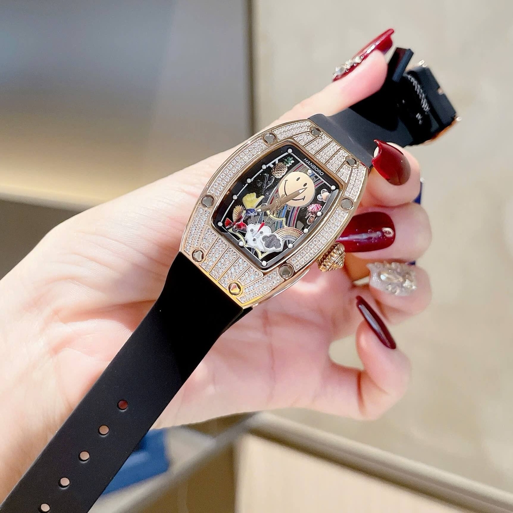 Đồng Hồ Nữ Hanboro Mặt Cười Dây Cao Su Đen Chính Hãng Đính Đá Rose Gold Mặt Size 36mm Quartz