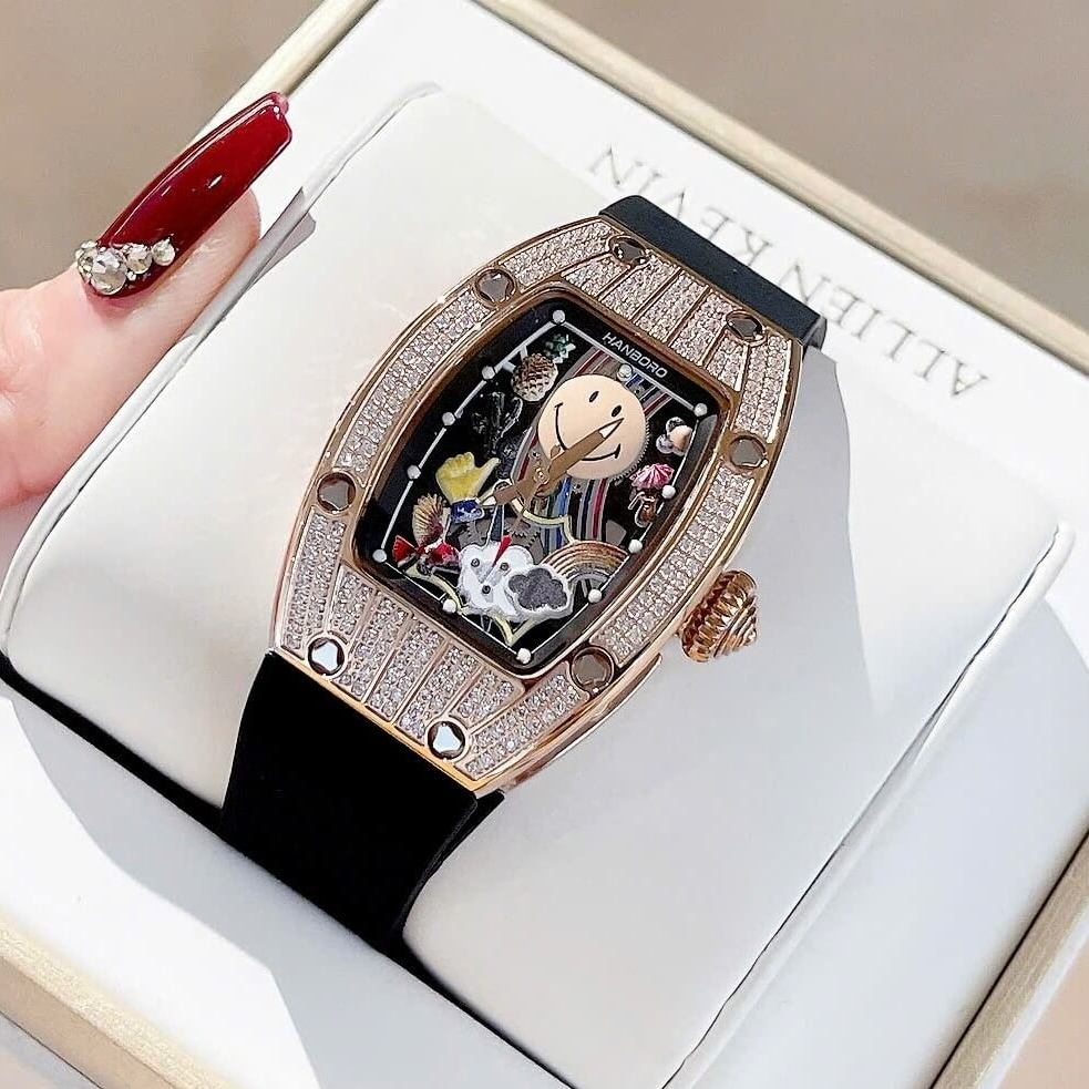 Đồng Hồ Nữ Hanboro Mặt Cười Dây Cao Su Đen Chính Hãng Đính Đá Rose Gold Mặt Size 36mm Quartz