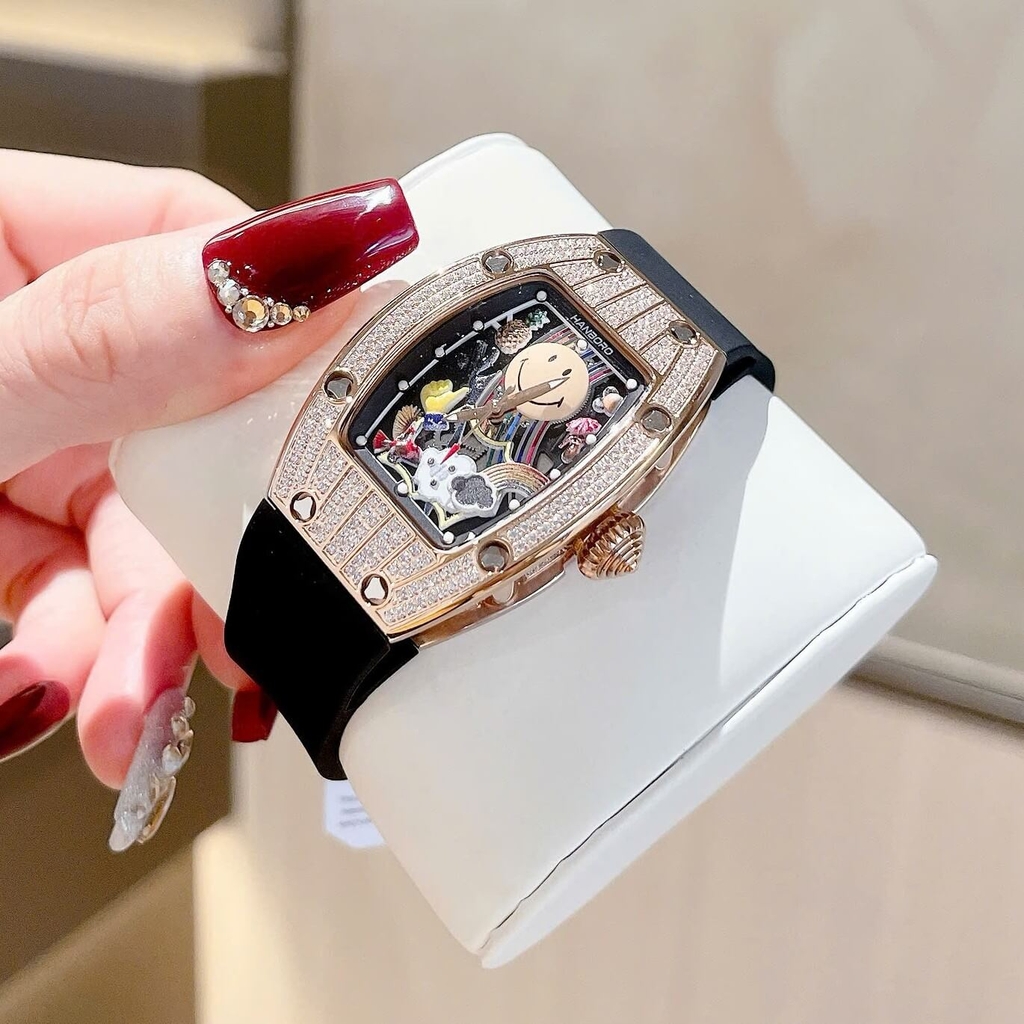 Đồng Hồ Nữ Hanboro Mặt Cười Dây Cao Su Đen Chính Hãng Đính Đá Rose Gold Mặt Size 36mm Quartz