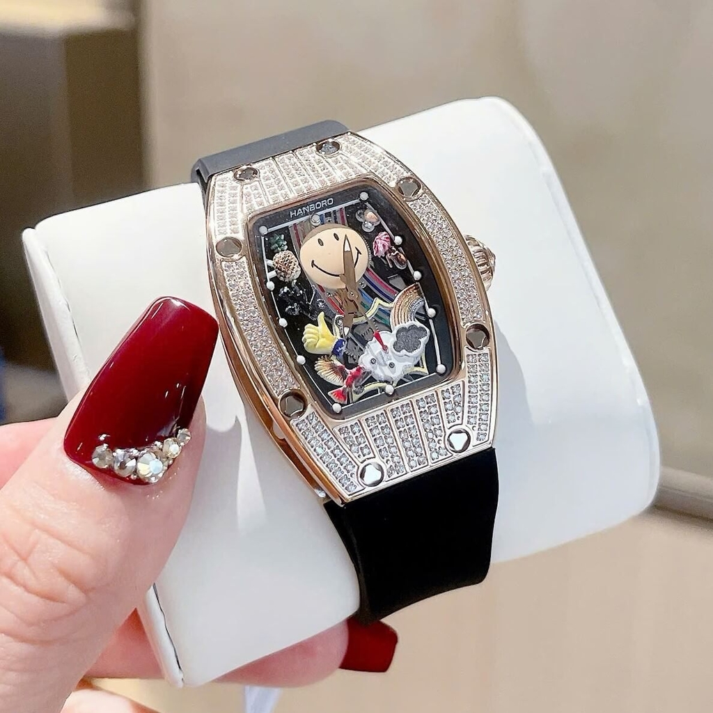 Đồng Hồ Nữ Hanboro Mặt Cười Dây Cao Su Đen Chính Hãng Đính Đá Rose Gold Mặt Size 36mm Quartz