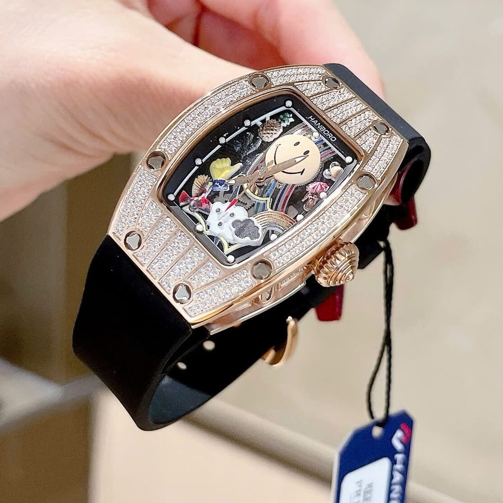 Đồng Hồ Nữ Hanboro Mặt Cười Dây Cao Su Đen Chính Hãng Đính Đá Rose Gold Mặt Size 36mm Quartz